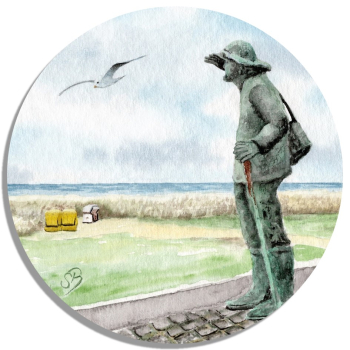 Untersetzer Glasuntersetzer rund 9,5 cm Aquarell Maritim Kunst Druck Kunstdruck Nordsee Cuxhaven Sahlenburg Wattenkieker