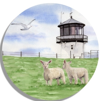 Untersetzer Glasuntersetzer rund 9,5 cm Aquarell Maritim Kunst Druck Kunstdruck Nordsee Cuxhaven Leuchtturm Dicke Berta Schafe