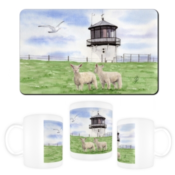 Tasse Becher Kaffeebecher Aquarell Maritim Kunst Druck Kunstdruck Nordsee Cuxhaven Leuchtturm Dicke Berta Schafe