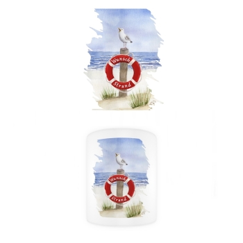 Tasse Becher Kaffeebecher  Rettungsring Aquarell Maritim Kunst Druck Kunstdruck Dänemark Nordsee Ostsee Düne Meer Möwe Strand Wunschname