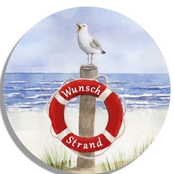 Untersetzer Glasuntersetzer rund 9,5 cm  Rettungsring Aquarell Maritim Kunst Druck Kunstdruck Dänemark Nordsee Ostsee Düne Meer Möwe Strand Wunschname