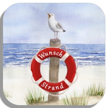 Untersetzer Glasuntersetzer 9,5 x 9,5 cm  Rettungsring Aquarell Maritim Kunst Druck Kunstdruck Dänemark Nordsee Ostsee Düne Meer Möwe Strand Wunschname