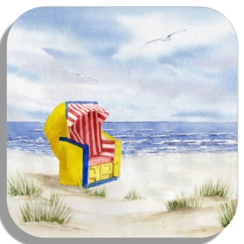 Coasters glass coasters 9,5 x  9,5 cm Watercolor Maritime Art Print North Sea Cuxhaven Duhnen Beach Chair Ocean