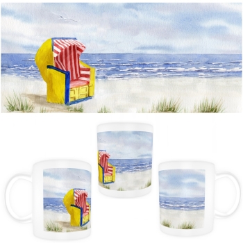 Cup Coffee Cup Mug Watercolor Maritime Art Print North Sea Cuxhaven Duhnen Beach Chair Ocean