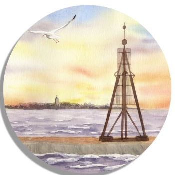 Untersetzer Glasuntersetzer rund 9,5 cm Aquarell Maritim Kunst Druck Kunstdruck Nordsee Cuxhaven Insel Neuwerk Möwe Watt Meer Bake