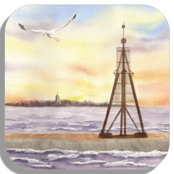 Untersetzer Glasuntersetzer 9,5 x 9,5 cm Aquarell Maritim Kunst Druck Kunstdruck Nordsee Cuxhaven Insel Neuwerk Möwe Watt Meer Bake