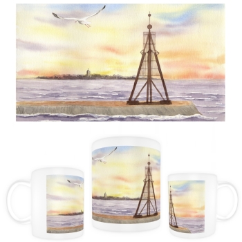 Tasse Becher Kaffeebecher Aquarell Maritim Kunst Druck Kunstdruck Nordsee Cuxhaven Insel Neuwerk Möwe Watt Meer Bake