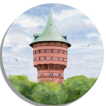 Untersetzer Glasuntersetzer rund 9,5 cm Aquarell Maritim Kunst Druck Kunstdruck Nordsee Cuxhaven Wasserturm Turm