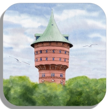 Untersetzer Glasuntersetzer 9,5 x 9,5 cm Aquarell Maritim Kunst Druck Kunstdruck Nordsee Cuxhaven Wasserturm Turm