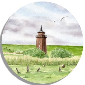 Untersetzer Glasuntersetzer rund 9,5 cm  Aquarell Kunst Druck Kunstdruck Strandkorb Sonnenuntergang Dänemark Nordsee Dagebüll Leuchtturm mit Schafe - DB2