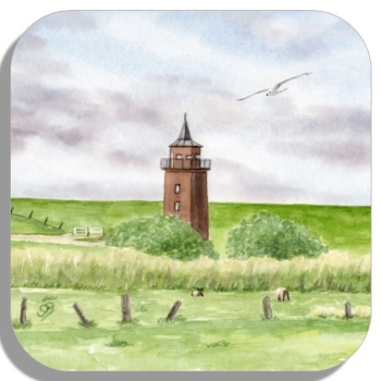 Untersetzer Glasuntersetzer 9,5 x 9,5 cm  Aquarell Kunst Druck Kunstdruck Strandkorb Sonnenuntergang Dänemark Nordsee Dagebüll Leuchtturm mit Schafe - DB2