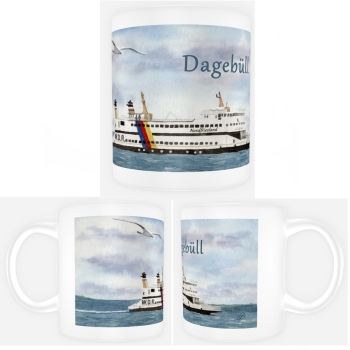 Tasse Becher Kaffeebecher  Aquarell Kunst Druck Kunstdruck Strandkorb Sonnenuntergang Dänemark Nordsee Dagebüll Fähre - DB3