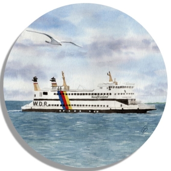 Untersetzer Glasuntersetzer rund 9,5 cm  Aquarell Kunst Druck Kunstdruck Strandkorb Sonnenuntergang Dänemark Nordsee Dagebüll Fähre - DB3