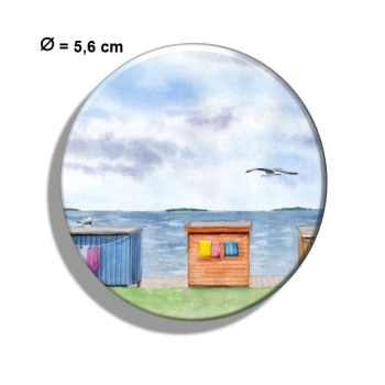 Kühlschrankmagnet m. Flaschenöffner Aquarell Kunst Druck Kunstdruck Strandkorb Sonnenuntergang Dänemark Nordsee Dagebüll bunte Badebuden von hinten - DB4