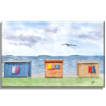 Leinwand 30 x 20 cm Keilrahmen Canvas-Leinen  Aquarell Kunst Druck Kunstdruck Strandkorb Sonnenuntergang Dänemark Nordsee Dagebüll bunte Badebuden von hinten - DB4