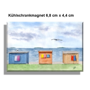 Kühlschrankmagnet  Aquarell Kunst Druck Kunstdruck Strandkorb Sonnenuntergang Dänemark Nordsee Dagebüll bunte Badebuden von hinten - DB4