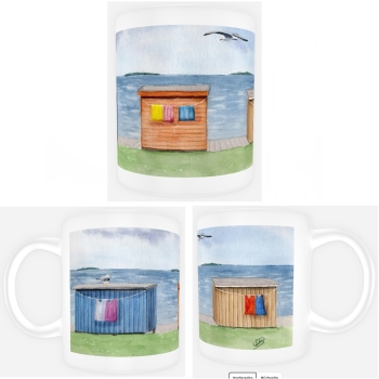 Tasse Becher Kaffeebecher  Aquarell Kunst Druck Kunstdruck Strandkorb Sonnenuntergang Dänemark Nordsee Dagebüll bunte Badebuden von hinten - DB4