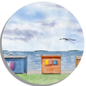 Untersetzer Glasuntersetzer rund 9,5 cm  Aquarell Kunst Druck Kunstdruck Strandkorb Sonnenuntergang Dänemark Nordsee Dagebüll bunte Badebuden von hinten - DB4