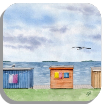 Untersetzer Glasuntersetzer 9,5 x 9,5 cm  Aquarell Kunst Druck Kunstdruck Strandkorb Sonnenuntergang Dänemark Nordsee Dagebüll bunte Badebuden von hinten - DB4