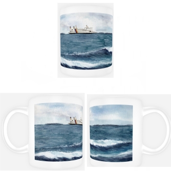 Tasse Becher Kaffeebecher  Aquarell Kunst Druck Kunstdruck Strandkorb Sonnenuntergang Dänemark Nordsee Dagebüll Fähre mit Wellen - DB5
