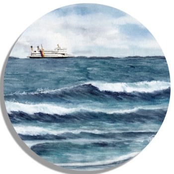 Untersetzer Glasuntersetzer rund 9,5 cm  Aquarell Kunst Druck Kunstdruck Strandkorb Sonnenuntergang Dänemark Nordsee Dagebüll Fähre mit Wellen - DB5