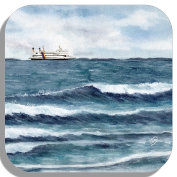 Untersetzer Glasuntersetzer 9,5 x 9,5 cm  Aquarell Kunst Druck Kunstdruck Strandkorb Sonnenuntergang Dänemark Nordsee Dagebüll Fähre mit Wellen - DB5