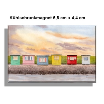 Kühlschrankmagnet  Aquarell Kunst Druck Kunstdruck Strandkorb Sonnenuntergang Dänemark Nordsee Dagebüll bunte Badebuden im Sonnenuntergang - DB1