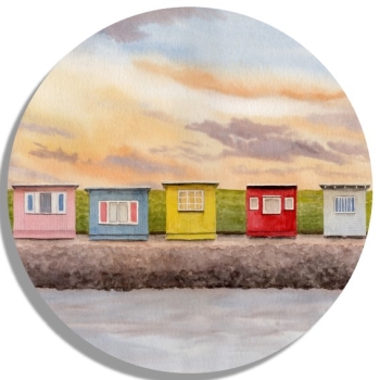 Untersetzer Glasuntersetzer rund 9,5 cm  Aquarell Kunst Druck Kunstdruck Strandkorb Sonnenuntergang Dänemark Nordsee Dagebüll bunte Badebuden im Sonnenuntergang - DB1