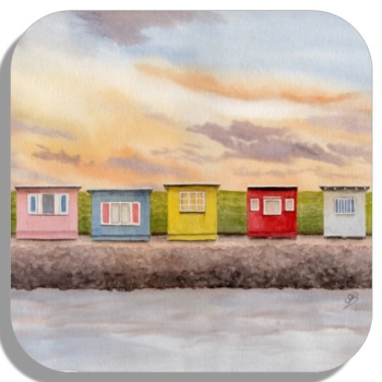 Untersetzer Glasuntersetzer 9,5 x 9,5 cm  Aquarell Kunst Druck Kunstdruck Strandkorb Sonnenuntergang Dänemark Nordsee Dagebüll bunte Badebuden im Sonnenuntergang - DB1