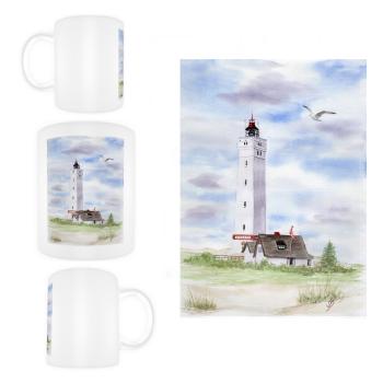 Tasse Becher Kaffeebecher Leuchtturm Blåvand Blavand mit Nebengebäuden DK01