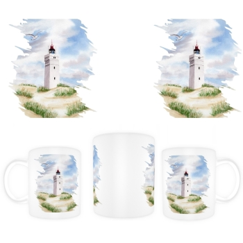 Cup Coffee Cup Mug  Watercolor Maritime Art Print Art Print North Sea Denmark Danmark Blåvand Blavand  dunes lighthouse