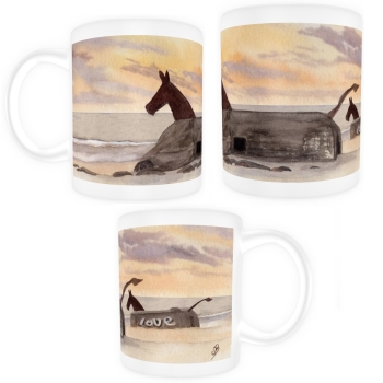 Tasse Becher Kaffeebecher Aquarell Maritim Kunst Druck Kunstdruck Nordsee Dänemark Danmark  Blåvand Blavand Dünen Leuchtturm Maultiere Strand