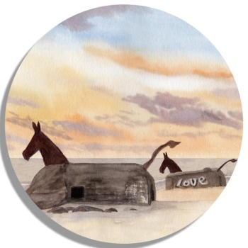 Untersetzer Glasuntersetzer rund 9,5 cm Aquarell Maritim Kunst Druck Kunstdruck Nordsee Dänemark Danmark  Blåvand Blavand Dünen Leuchtturm Maultiere Strand