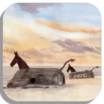 Untersetzer Glasuntersetzer 9,5 x 9,5 cm Aquarell Maritim Kunst Druck Kunstdruck Nordsee Dänemark Danmark  Blåvand Blavand Dünen Leuchtturm Maultiere Strand