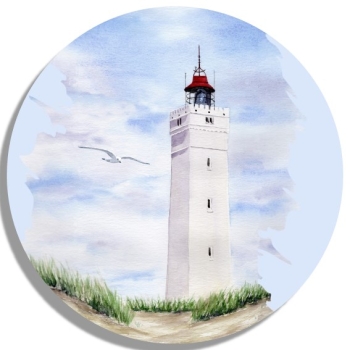 Untersetzer Glasuntersetzer rund 9,5 cm Aquarell Maritim Kunst Druck Kunstdruck Nordsee Dänemark Danmark  Blåvand Blavand Dünen Leuchtturm