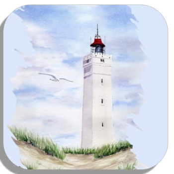 Untersetzer Glasuntersetzer 9,5 x 9,5 cm Aquarell Maritim Kunst Druck Kunstdruck Nordsee Dänemark Danmark  Blåvand Blavand Dünen Leuchtturm