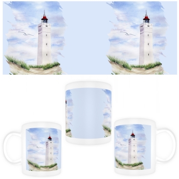Tasse Becher Kaffeebecher Aquarell Maritim Kunst Druck Kunstdruck Nordsee Dänemark Danmark  Blåvand Blavand Dünen Leuchtturm