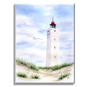 Leinwand 30 x 20 cm Keilrahmen Canvas-Leinen Aquarell Maritim Kunst Druck Kunstdruck Nordsee Dänemark Danmark  Blåvand Blavand Dünen Leuchtturm