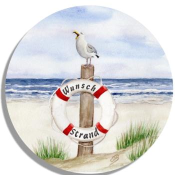 Untersetzer Glasuntersetzer rund 9,5 cm  Rettungsring Aquarell Maritim Kunst Druck Kunstdruck Dänemark Nordsee Ostsee Düne Meer Möwe Strand Wunschname