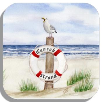Untersetzer Glasuntersetzer 9,5 x 9,5 cm  Rettungsring Aquarell Maritim Kunst Druck Kunstdruck Dänemark Nordsee Ostsee Düne Meer Möwe Strand Wunschname