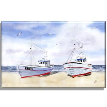 Leinwand 30 x 20 cm Keilrahmen Canvas-Leinen  Zwei Fischerboote am Strand  Aquarell Maritim Kunst Druck Kunstdruck Dänemark Nordsee Düne Meer Blokhus Strand