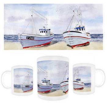 Tasse Becher Kaffeebecher  Zwei Fischerboote am Strand Aquarell Maritim Kunst Druck Kunstdruck Dänemark Nordsee  Düne Meer Blokhus Strand