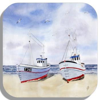 Untersetzer Glasuntersetzer 9,5 x 9,5 cm  Zwei Fischerboote am Strand  Aquarell Maritim Kunst Druck Kunstdruck Dänemark Nordsee  Düne Meer Blokhus Strand