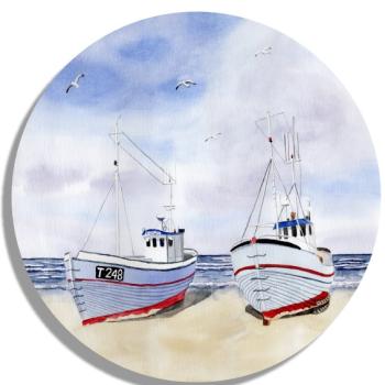 Untersetzer Glasuntersetzer rund 9,5 cm  Zwei Fischerboote am Strand  Aquarell Maritim Kunst Druck Kunstdruck Dänemark Nordsee  Düne Meer Blokhus Strand