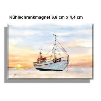 Fridge magnet  Watercolor Maritime Art Print Denmark North Sea Fishing boat fisherboat cutter Beach