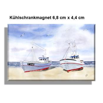Kühlschrankmagnet Zwei Fischerboote an Land  Aquarell Maritim Kunst Druck Kunstdruck Dänemark Nordsee  Düne Meer Möwe Strand
