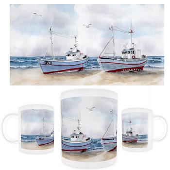 Tasse Becher Kaffeebecher  Zwei Fischerboote and Land  Aquarell Maritim Kunst Druck Kunstdruck Dänemark Nordsee  Düne Meer Möwe Strand