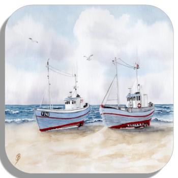 Untersetzer Glasuntersetzer 9,5 x 9,5 cm  Zwei Fischerboote an Land  Aquarell Maritim Kunst Druck Kunstdruck Dänemark Nordsee  Düne Meer Möwe Strand