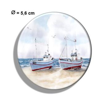 Kühlschrankmagnet m. Flaschenöffner  Zwei Fischerboote an Land  Aquarell Maritim Kunst Druck Kunstdruck Dänemark Nordsee  Düne Meer Möwe Strand