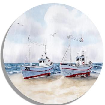 Untersetzer Glasuntersetzer rund 9,5 cm  Zwei Fischerboote an Land  Aquarell Maritim Kunst Druck Kunstdruck Dänemark Nordsee  Düne Meer Möwe Strand